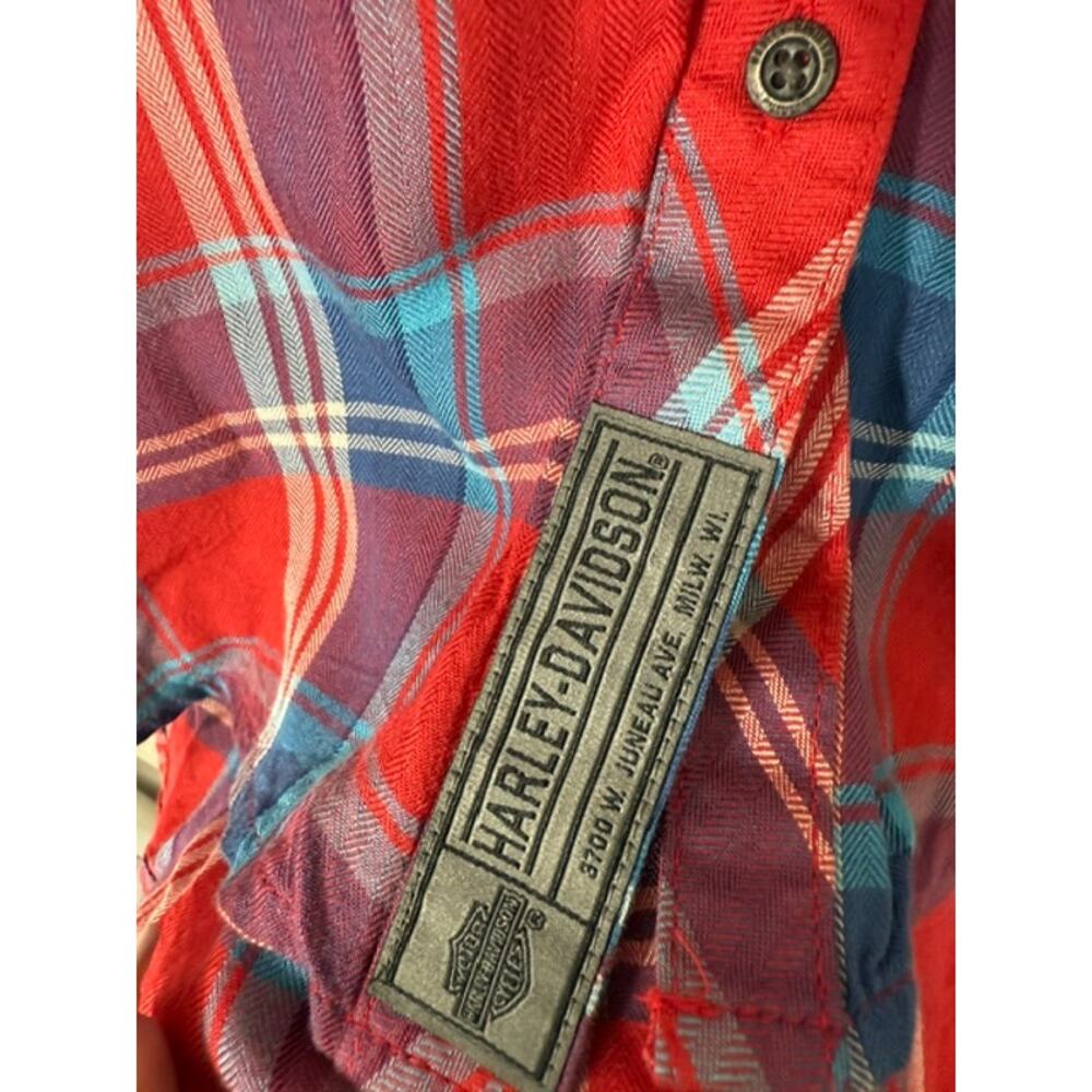 Harley-Davidson red plaid short-sleeve button-up shirt patches embroidered XL - Picture 6 of 7